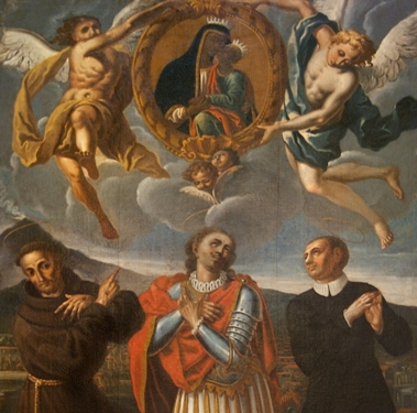 G. Tamo: S. Zenone tra i santi Francesco d'Assisi e Filippo Neri; in alto, la Madonna dell'Elemosina (1726). Biancavilla, Collegiata.