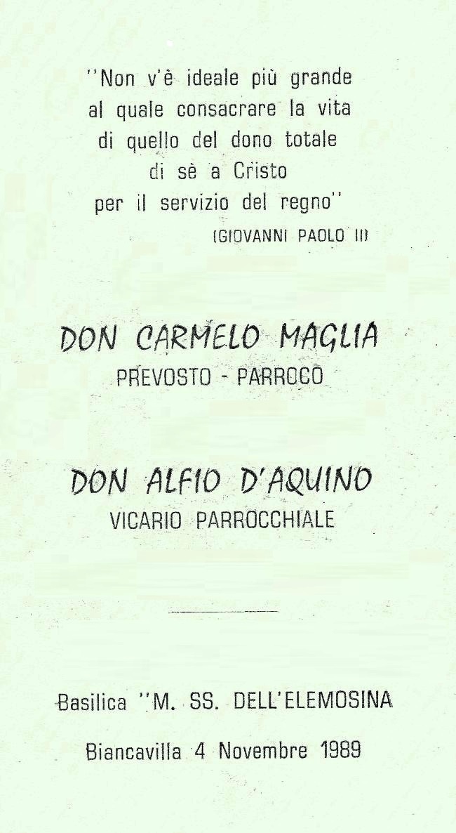 Inizio ministero pastorale dei sacc. Carmelo Maglia (prevosto parroco) e Alfio D'Aquino (vicario parrocchiale). Immaginetta ricordo (retro).